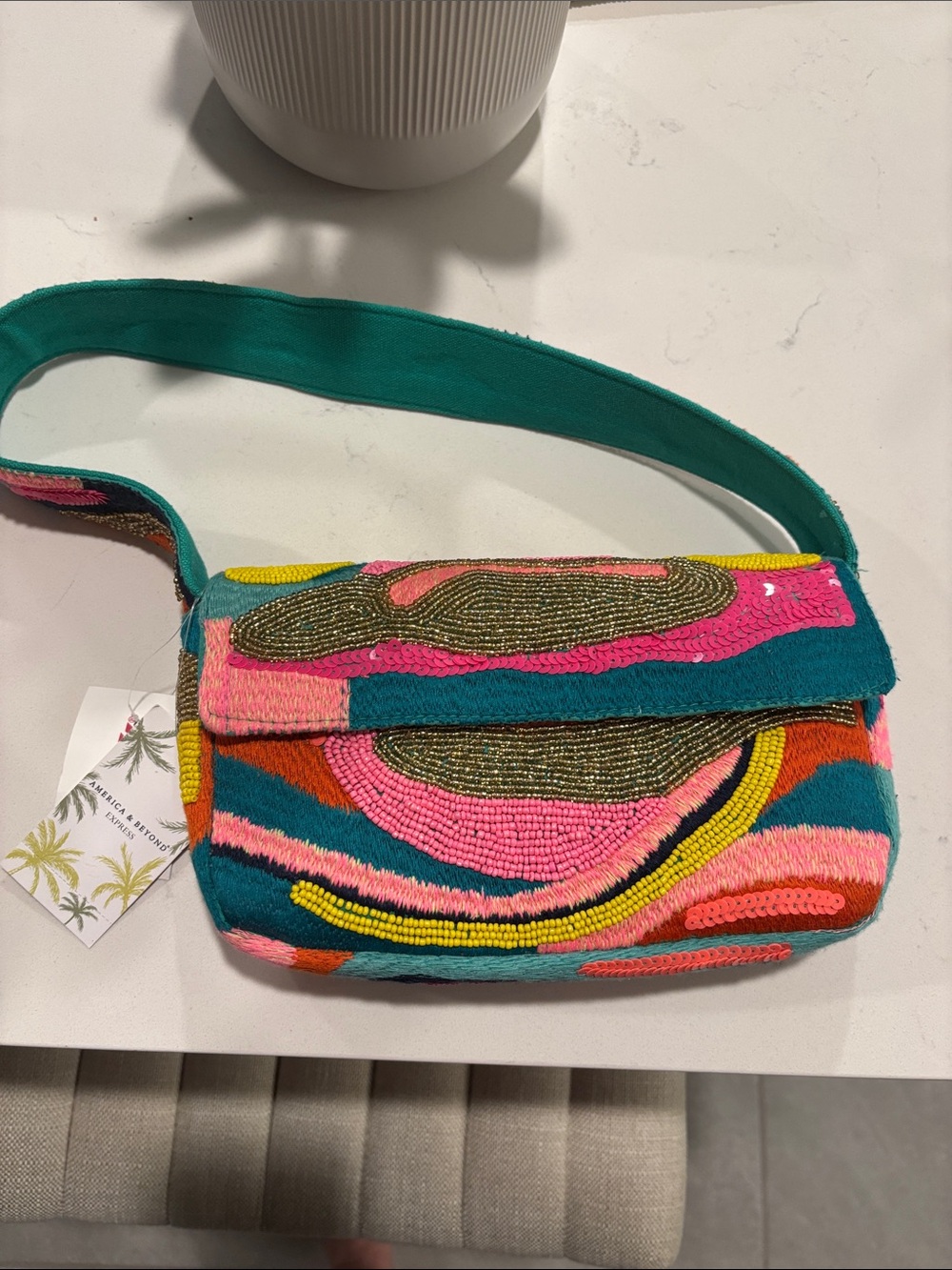 Beaded Multicolor Shoulder Bag with Teal Strap